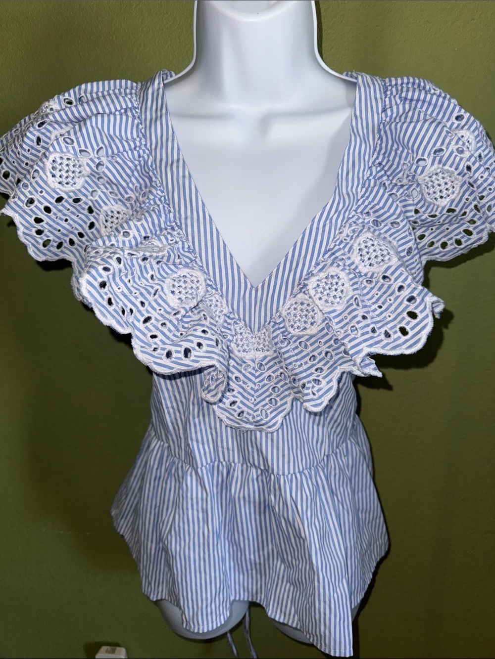 Striped Blue V-Neck Ruffle Tunic with Eyelet Trim